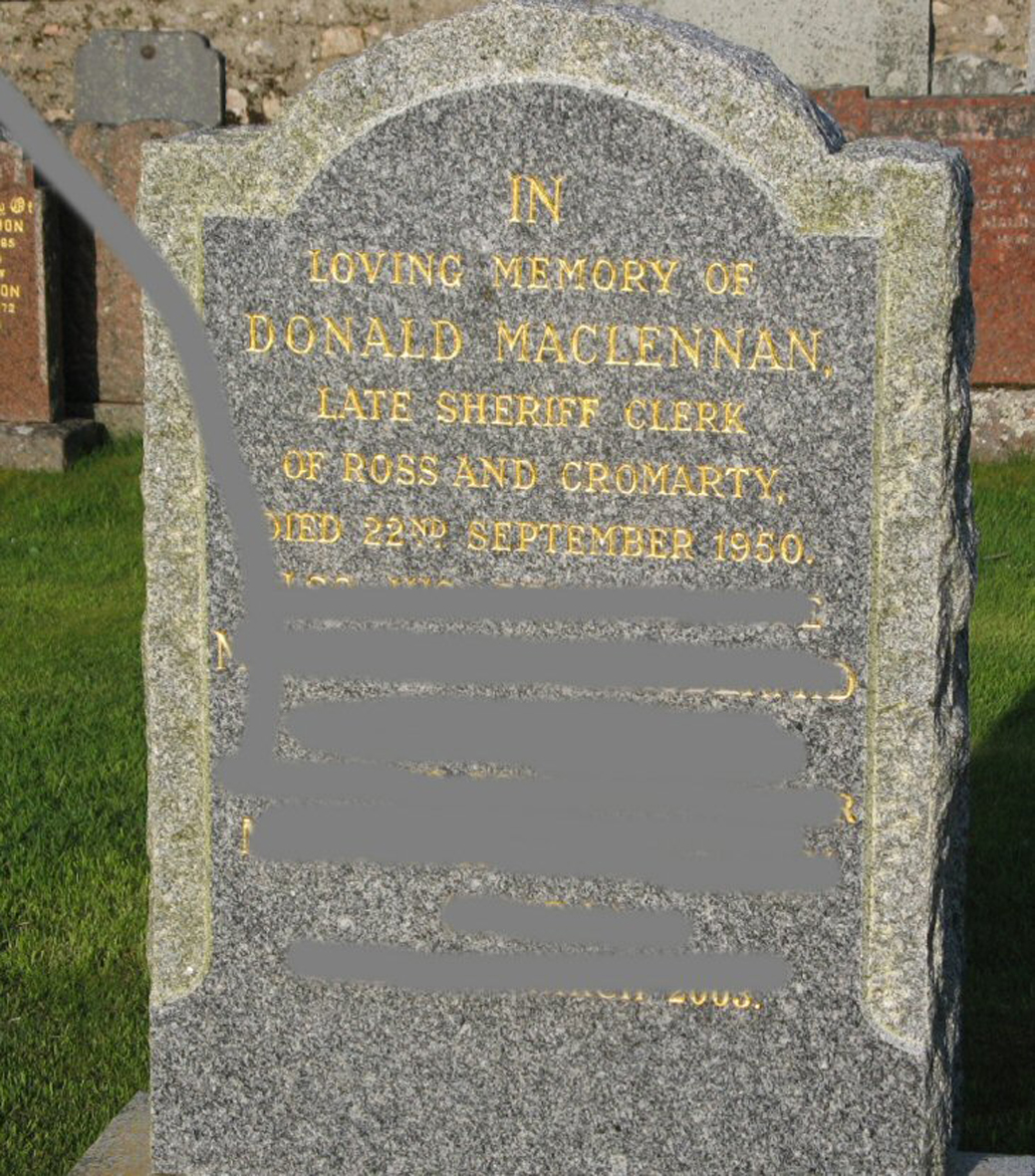 Photo of headstones/Donald MacLennan died 1950 MI Fodderty